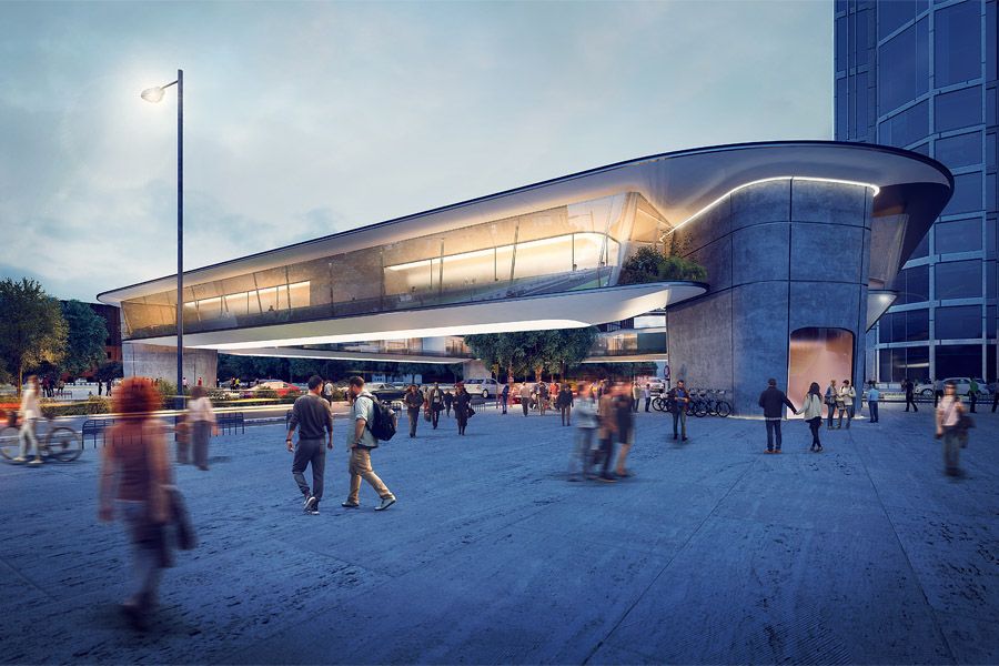 Evening visual of the Astana Overpass, a PIN London public infrastructure concept