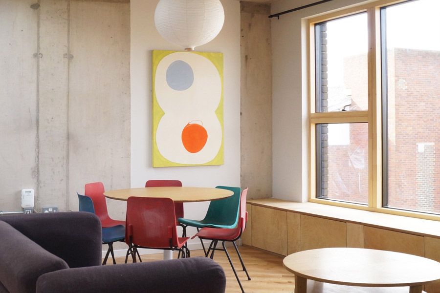 Interior of Rubber Studios with exposed concrete