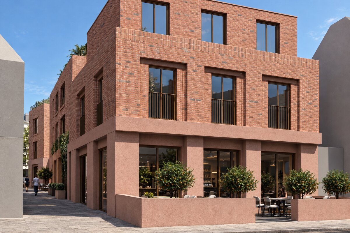 Southgate: corner café under three storeys of brick flats